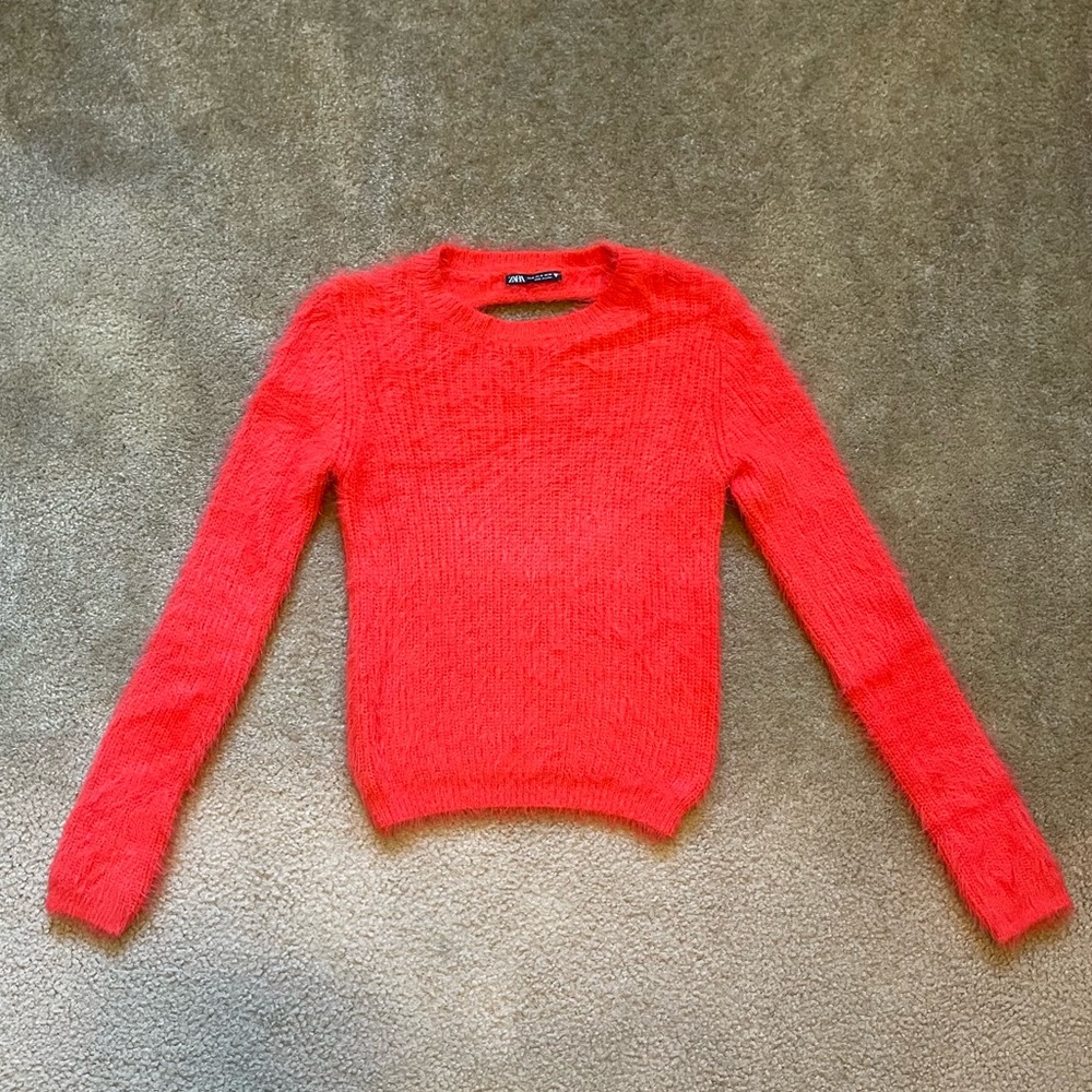 ZARA Fuzzy Red Sweater with Back Cut Out